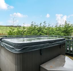 A hot tub on a deck surrounded by greenery at Elm Lodge in Ulverston