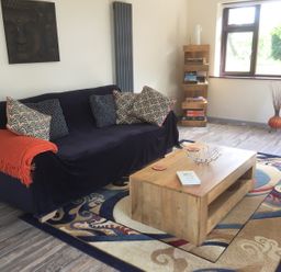 A living room with a black sofa with patterned cushions and orange throw a wooden coffee table on a patterned rug a wooden bookshelf and a window at Squirrels Drey in Little Dunham near Litcham