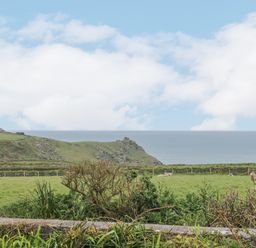 A coastal view with grassy fields and sheep near Parc An Castle Cottage in Lizard