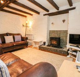 A living room with leather sofas a wood burning stove and a television at Apple Loft in Lostwithiel