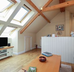 A living room with a television and skylights at Mithian Cottage in St Agnes