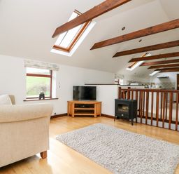 A living area with a beige sofa a rug television and skylights at Castle Dore Barn in Fowey