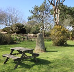 A wooden picnic table on grass with trees and stone monuments in the background at Boskednan Wartha in Penzance