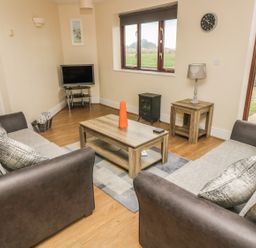 A living room with two sofas a coffee table a small television and a side table with a lamp at Shoreline in Marazion