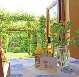 A table with two bottles flowers and a card near an open door showing a garden at Summer House in Helston