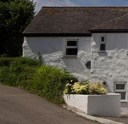 A white cottage with four windows and a planter with flowers next to a road at Godrevy Cottage in Hayle