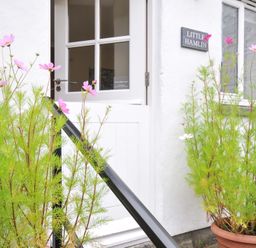 An entrance with a white door and flowers at Little Hamlin in Rilla Mill Nr Callington