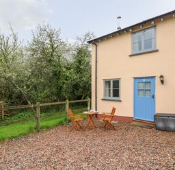 An outdoor area with a small table and two chairs next to a house with a blue door and windows at Plum Cottage in Colebrooke near Crediton