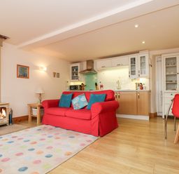 A living room with a red sofa blue cushions a wood burning stove a polka dot rug and a kitchen area at Plum Cottage in Colebrooke near Crediton