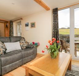 A living room with a grey sofa with patterned cushions a wooden coffee table with red tulips and a view of a patio and fields at Mynheer Farm Barn Nr Portreath