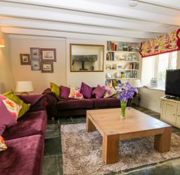 A living room with purple sofas a wooden coffee table and a television at Parwin in Tintagel