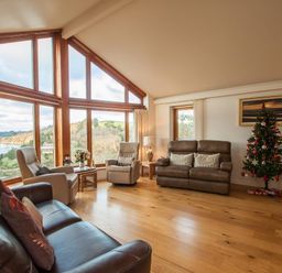 A living room with leather and fabric sofas a decorated Christmas tree and large windows showing a landscape at Totherside in Kingswear