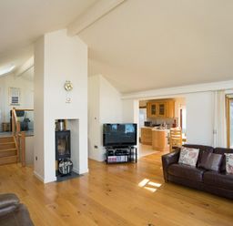 A living room with a wood floor a fireplace a television a leather sofa and an open kitchen at Totherside in Kingswear