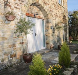 Stone building entrance with potted plants hanging baskets and yellow flowers at Lost Barn in Watergate Bay