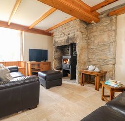A living room with leather sofas a stone fireplace a television and wooden furniture at Boslow in St Just