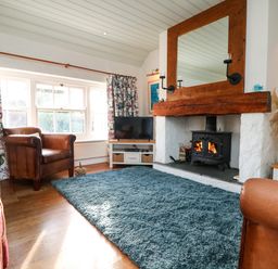 A living room with leather armchairs a wood burning stove a large mirror and a blue rug at Trehan in St Ives