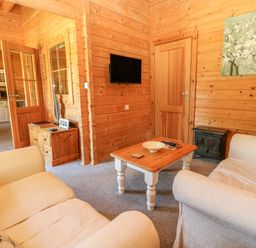 A living room with sofas a coffee table and a television on the wall at Pond Cabin in Stithians