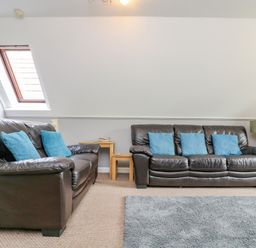 A living room with two black leather sofas with blue cushions a side table bookshelf and a skylight window at Valley Lodge 5 in Callington