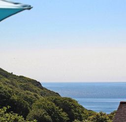 View of a forested hillside overlooking the ocean with a partial view of a blue umbrella and a rooftop at Porthcurno Bay View in Porthcurno