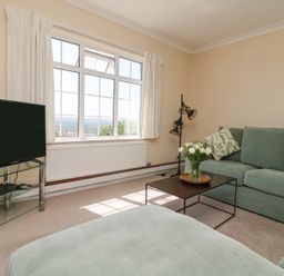 A living room with a green sofa, a black coffee table with flowers, a flat screen tv on a glass stand and a large window at Charlesworth in Braunton