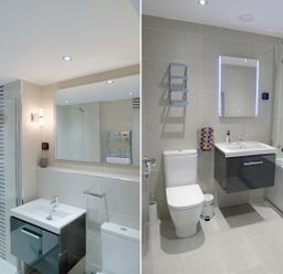 A bathroom with a shower enclosure, sink, toilet, bathtub, and two mirrors at 5 Arlington Villas in Ilfracombe
