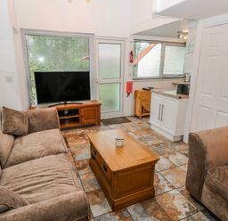 A living room with a television and coffee table at Trelessy Lodge in Llanteg near Amroth