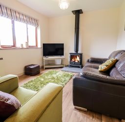 A living room with a wood burning stove a brown leather sofa green armchairs a television and a green rug at The Alders in Llanfyllin