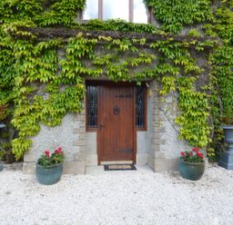 A wooden door with glass panels on a stone wall covered with ivy plants at Maifield in Carrick-On-Suir County Tipperary
