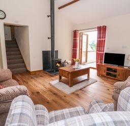 A living room with sofas a wood burning stove and a television at Pentre Fach in Llandrindod Wells
