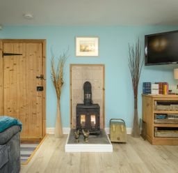A room with a wood stove between a wooden door and a cabinet with books and a lamp at Rose Cottage in Edlingham