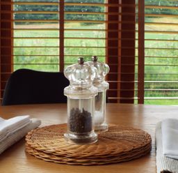 A dining table with salt and pepper shakers on a wicker placemat and folded napkins near windows with wooden blinds and a view of greenery