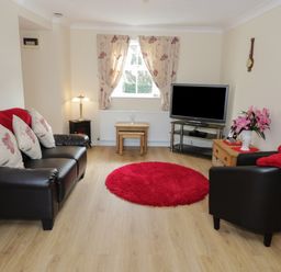 A living room with leather sofas a television and red rug at Bodegri Cottage Llanrhyddlad near Church Bay