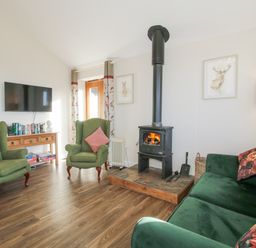 A living room with green armchairs, a green sofa, a wood-burning stove, a mounted TV, and wooden flooring at Stoney-Brook Lodge in Bedlam near Ludlow