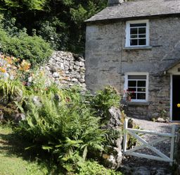 Exterior of a stone cottage with white framed windows a small white gate and a garden with flowers and plants at Coachmans Cottage in Witherslack