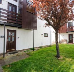 An outdoor area with a tree and doors at Beach House (Ty Traeth) in Deganwy