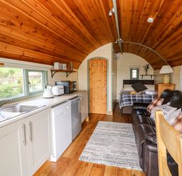An open plan space with a kitchen area containing a sink and appliances a brown leather sofa and a bed at Meadow View in Rhayader