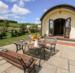An outdoor patio area with a table, benches, a vase of sunflowers, and a small building with open double doors at Meadow View in Rhayader