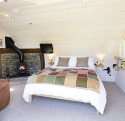 A bedroom with a bed a fireplace a wall-mounted TV and a brown armchair at Idris Pod in St Asaph