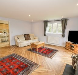 A living room with a white sofa a wooden coffee table two red rugs a television on a wooden stand and gray curtains at Nant Y Felin Lodge in Aberdaron