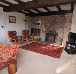 A living room with a stone fireplace two patterned armchairs a red patterned sofa a red rug and a television at Appletree Cottage in Higher Brimley near Bovey Tracey