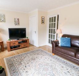 A living room with a brown leather sofa with blue and white cushions a wooden TV stand with a television and small plants a patterned rug on a wooden floor a glass door and lamps at 14 The Maltings in Rothbury