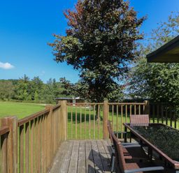 A wooden outdoor deck with a glass table and four chairs overlooking a grassy area with trees at Beech in Truro