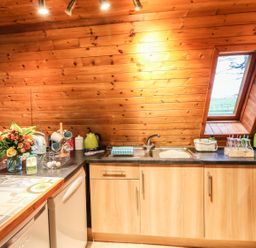 A kitchen with wooden cabinets a sink and a countertop with flowers and kitchen appliances at Rose Lodge in Milton on Stour