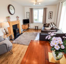 A living room with a sofa armchair fireplace television and flowers on a table at The Flat At Brwyn in Brynford
