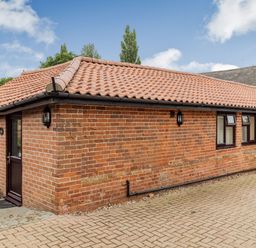 A brick building with a tiled roof two windows and a door with a small plant near it at The Nest Box in Diss