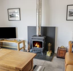 A living room with a wood-burning stove a television on a wooden stand and a leather sofa at 54 The Moorings in St Dogmaels