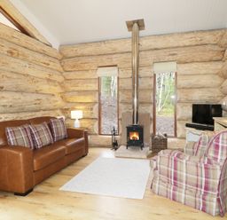 A living room with a brown leather sofa and plaid armchair near a wood stove in a log cabin at Moorhen Lodge in North Kessock