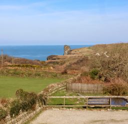 A coastal landscape with a grassy field a small pond fences and cliffs by the sea at Threshings Cottage in Tintagel