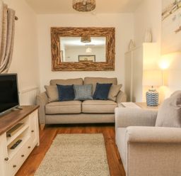 A living room with a sofa armchair TV on a cabinet a rug and a lamp at Wren Cottage in Ilfracombe