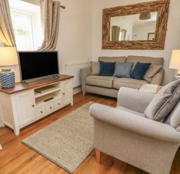 A living room with a gray sofa and armchair blue cushions a wooden tv stand with a television and two lamps a rug on the wooden floor and a large mirror on the wall at Wren Cottage in Ilfracombe